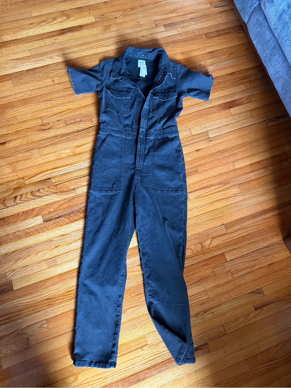 aerie Black Denim Short-Sleeve Utility Jumpsuit
